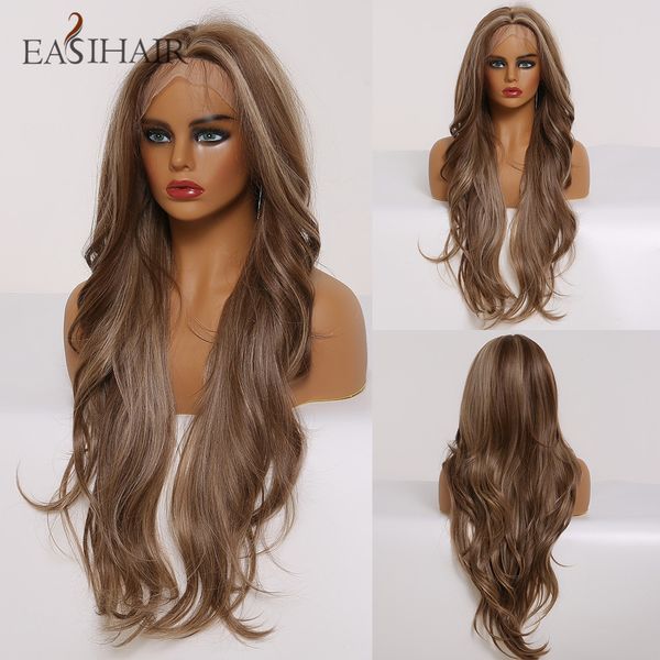 

long brown ombre lace front synthetic wigs with baby hair lace wigs for women high density daily heat resistant wig, Black