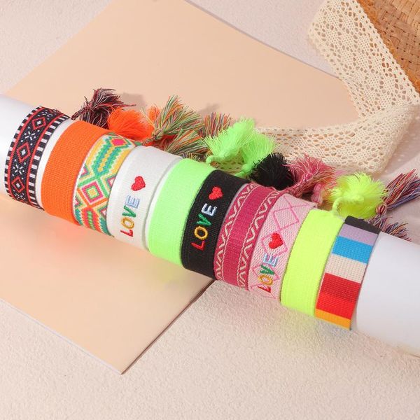 

charm bracelets bohemian ethnic handmade love embroidery tassel braided bracelet colorful friendship hand rope wristband for women teen girl, Golden;silver