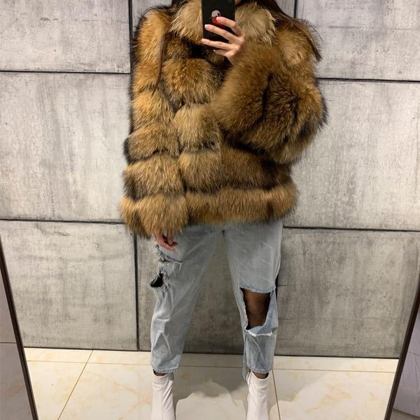 

women's fur & faux raccoon coat women real natural stand collar, Black