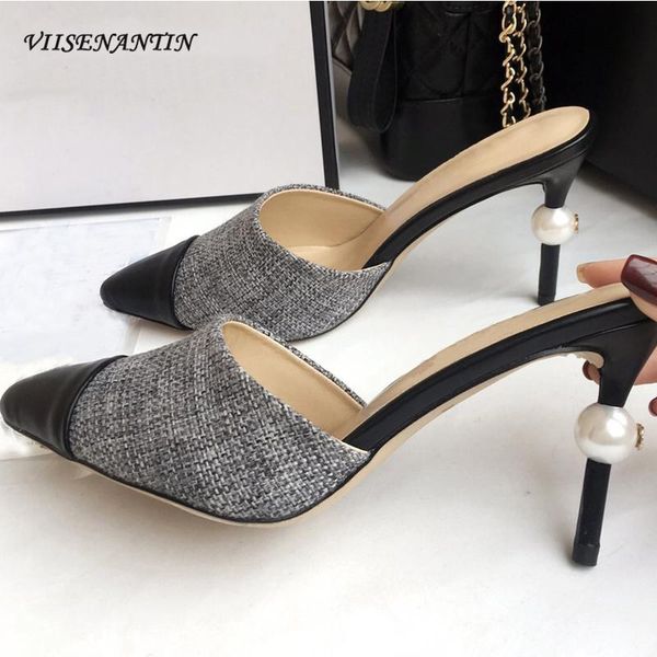 

pointed toe real leather pearl decor woman high heel slippers classic party outer wear casual thin heels wedding apricot shoes, Black