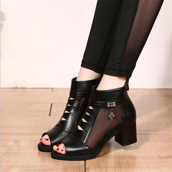 

summer mesh open toe ladies sandals heels single shoes women in europe and america 2021 spring gauze boots, Black