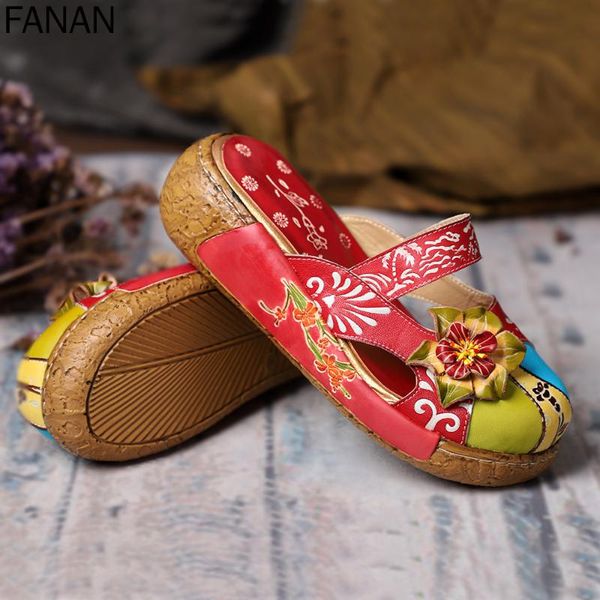 

sandals leather ladies shoes slippers hand-printed retro flat head comfortable heel type height style, Black