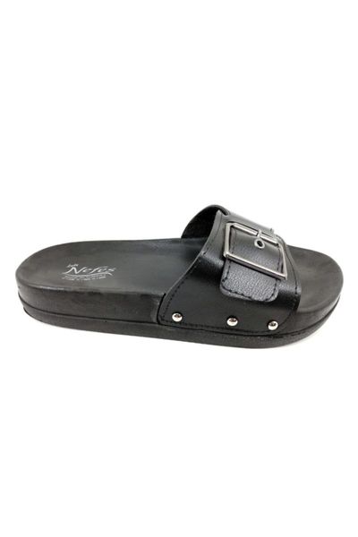

women black front open buckle slippers