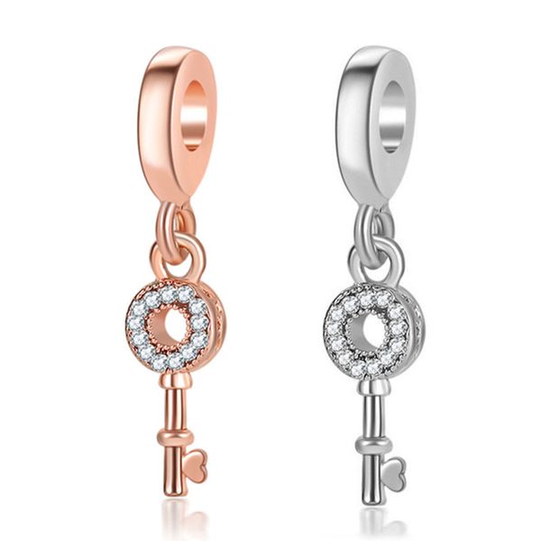 

1pcs rhinestone key pendant diy beads adapting to original pandora charm bracelet ladies jewelry making gifts, Silver