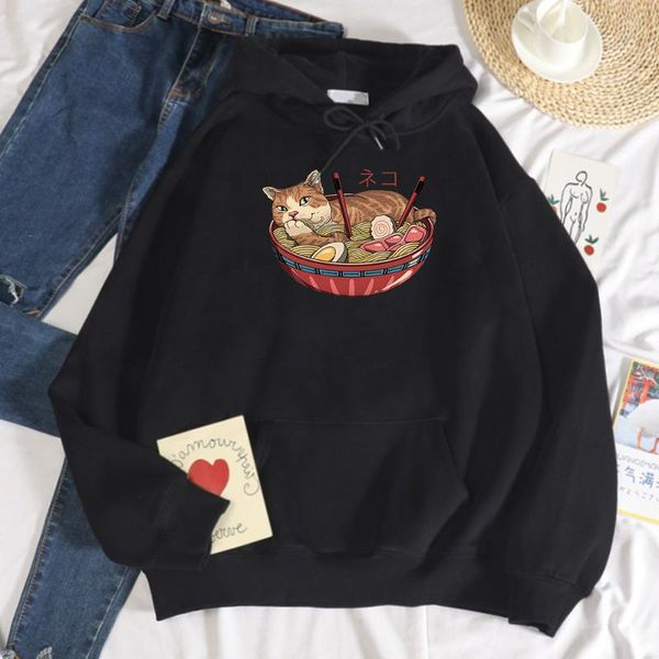 

women's hoodies & sweatshirts japan ukiyo e style cat printed women harajuku loose hooded fashion autumn vintage crewneck female hoodie, Black