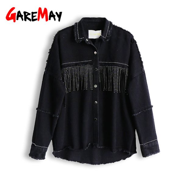 

vintage women black denim jackets loose coat for women sequined tassels streetwear wash long sleeve casual jean jacket 210428, Black;brown