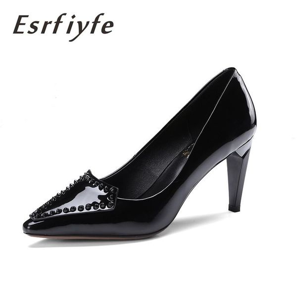

pointed toe genuine leather shoes shallow simple pumps women solid colors spring summer high heels dress, Black