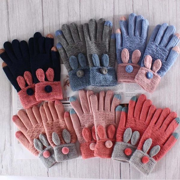 

five fingers gloves 2021 autumn and winter ladies riding cartoon ears finger knitted warm touch screen, Blue;gray