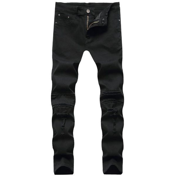 

pure color men's jeans 2021 spring and autumn pants men ripped slim stretch elastic feet patch pantalones de hombre, Blue