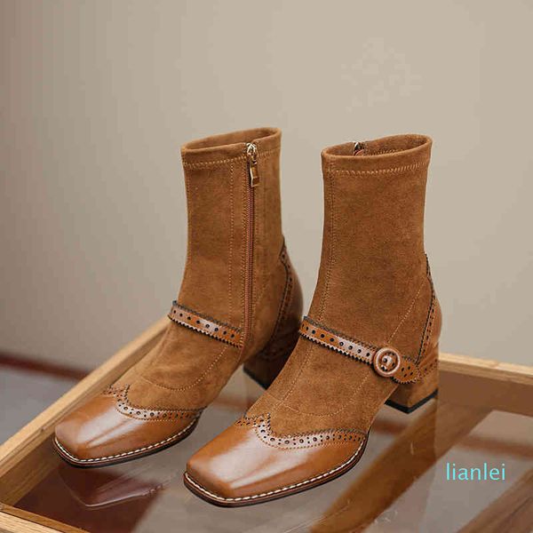 

dress shoes genuine leather mary jane women's boots retro buckle ankle toe square foot artisanal thick heel c53u olu3, Black