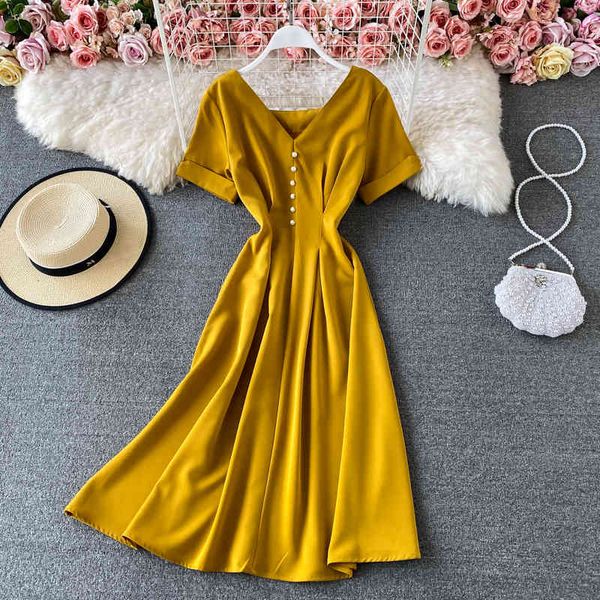

elegant v-neck high waist vintage dress short sleeve summer dress retro pure color slim large swing long 210420, Black;gray