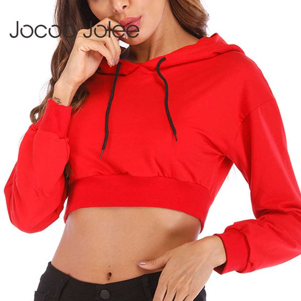 

jocoo jolee women casual solid long sleeve hoodies autumn crop vintage sweatshirts for women loose hooded clothing 210619, Black
