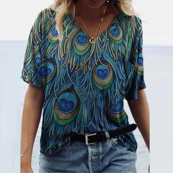 

summer women floral print tshirt short sleeve loose casual v-neck 3d digital printed t shirts female streetwear tee femme women's t-sh, White