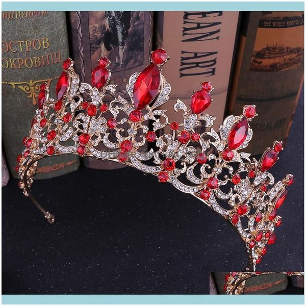 Barrettes Gioielli Gioielli Barocchi Perline di cristallo rosso Diademi nuziali Corona per la sposa Strass dorati Diadema Corone Fascia Capelli da sposa neri A