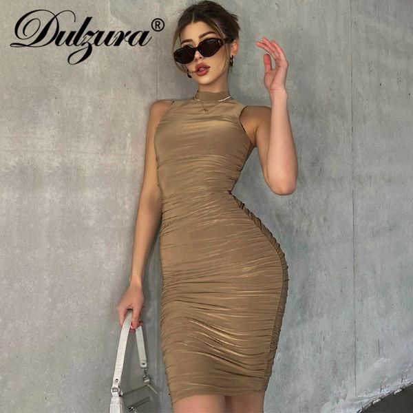 

solid women ruched mini dress sleeveless high neck bodycon streetwear party elegant club 2021 summer clotheshigh quality, Black;gray