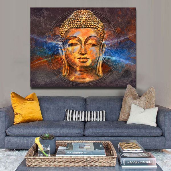 Modern Wall Art Buda Pintura Fictures para sala de estar Golden Buddha Quadro Decoração Posters e impressões