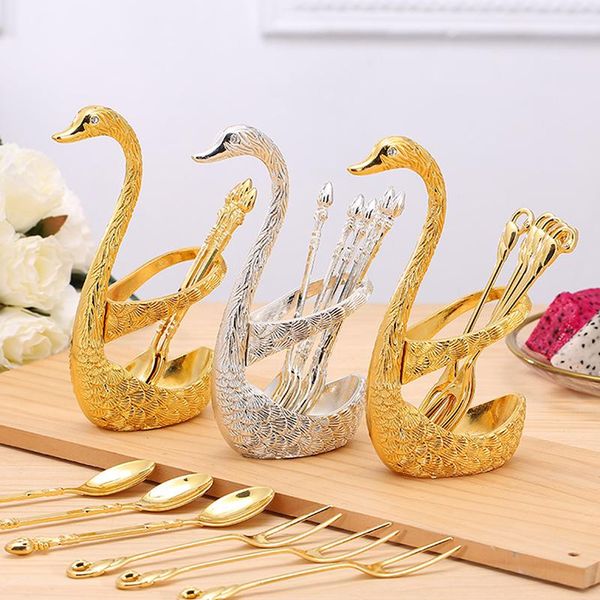 

forks 7pcs swan fruit base holder set stainless steel salad dessert coffee spoon cake tableware zero waste flatware