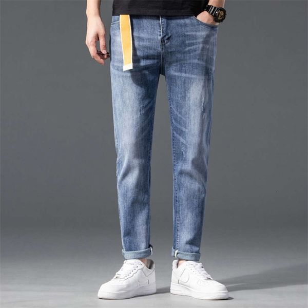 

men's jeans trend simple and summer 2021 elastic versatile thin feet comfortable harlan capris men hsq2, Blue