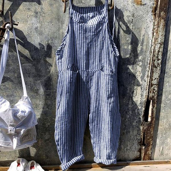 

vintage rompers womens jumpsuits 2021 casual sleeveless striped print playsuits ladies office overalls plus size loose pants women's, Black;white