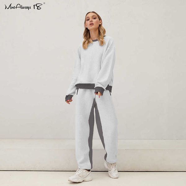

mnealways18 fashion patchwork women tracksuit pullover and loose pants 2 piece outfit fall winter plain terry casual suit female 210930, White