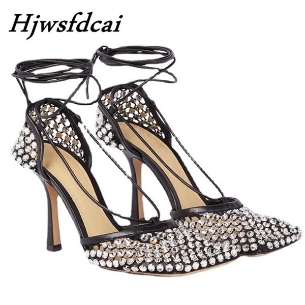 

sandals hjwsfdcai mesh hollowouts crystal shoes designer brand women square toe ankle lace up party pumps summer, Black