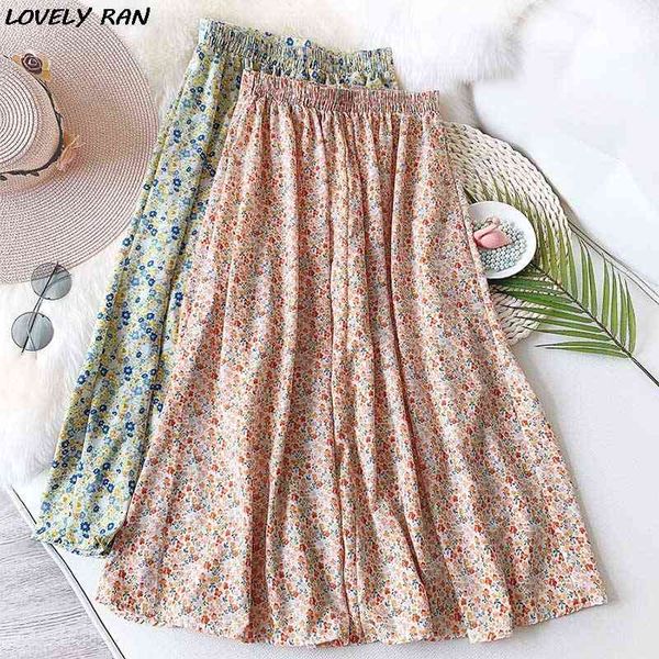

skirts printed flower a-line women's midi flare high waist female chiffon spring summer sweet korean lady bottom ueqa, Black