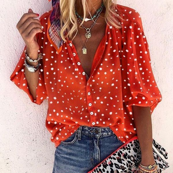 

women's blouses & shirts summer ladies pure color polka dot printed puff sleeve lapel single-breasted chiffon t-shirt for women tees, White