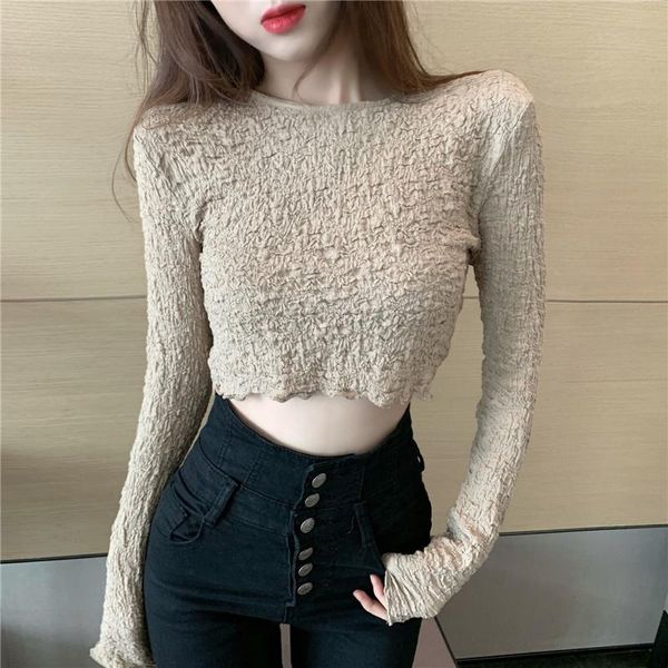 

spring women plus size long sleeve slim folds pleated t-shirt autumn ladies solid crop elastic o-neck tees fitted casual women's, White
