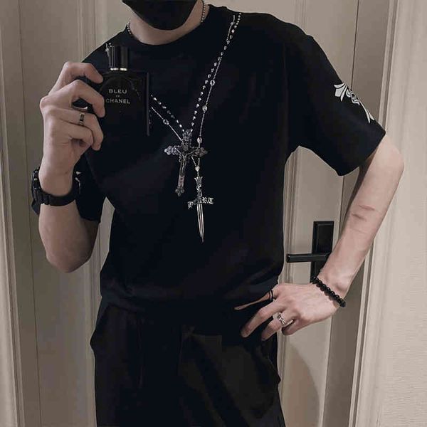

fashion brand cotton short t-shirt men's cross drill casual loose trend crosin half sleeve t-shirt, White;black