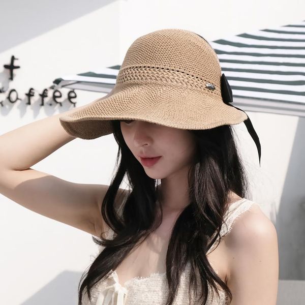 

wide brim hats woman's sun female bowknot visor caps hand made raffia straw summer cap casual shade hat empty girls beach, Blue;gray