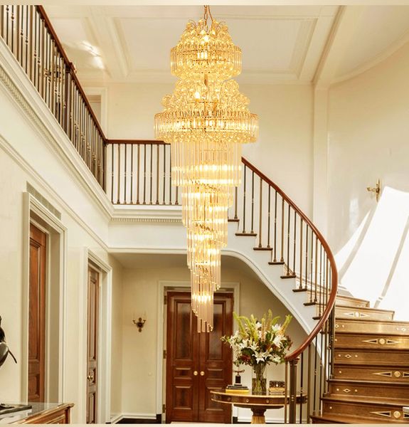 Moderno Long Crystal Chandelier Led Luzes American Gold K9 Cristal Chandeliers Luzes Luminária Luminária Stair Way Indoor Iluminação Interior
