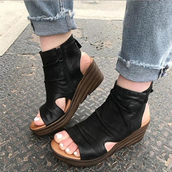 

dress shoes women sandals zipper platform wedges open toe solid color hollow out ladies summer fashion casual female footwear, Black