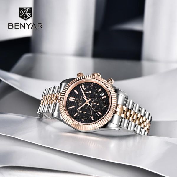 

wristwatches 2021 benyar design men's quartz sports watch stainless steel waterproof luminous timing calendar sapphire reloj hombre, Slivery;brown