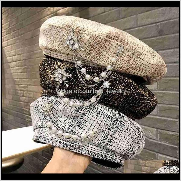 Berretti Cappelli Berretti Cappelli, Sciarpe Guanti Aessories Moda Perla Strass Plaid Lana Inverno Donna Flat Top Cappello in cashmere lavorato a maglia Berretto Drop D