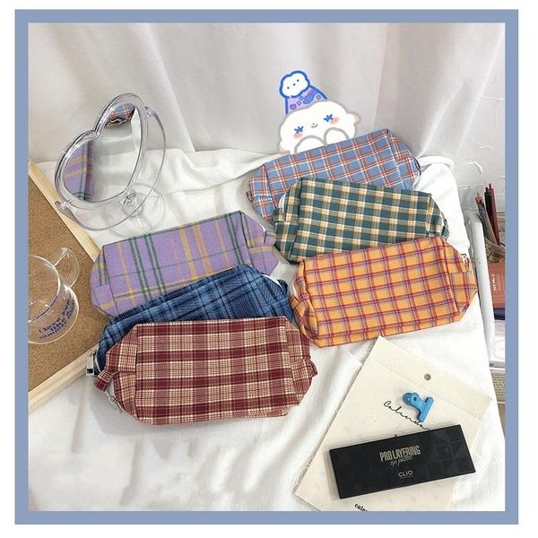 

pencil bags vintage pattern bag pen case ins color check lattice grid fold storage pouch for stationery make up travel school f136
