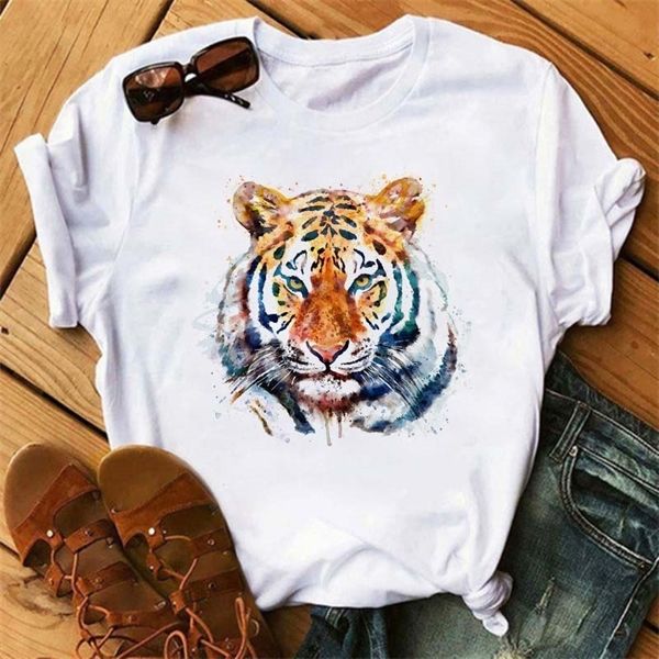 Maycaur Neue Sommer Frauen Tops Cartoon Tiger Grafik Gedruckt T Shirt Mode Rundhals Frau Kleidung Kurzarm T-shirts Tees x0527