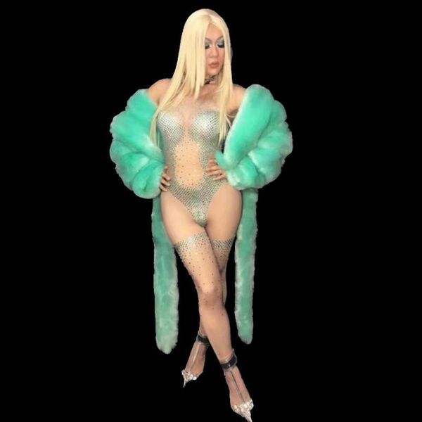 

women's jumpsuits & rompers sparkly green rhinestones stretch nude jumpsuit women nightclub bar prom party outfit singer stage dance co, Black;white