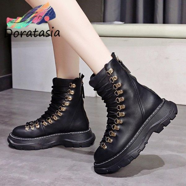

boots doratasia women sewing platform punk mid calf shoes casual brand round toe elegant lace chunky, Black