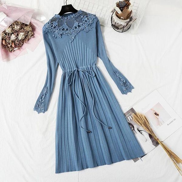 

casual dresses 2021 autumn knitted dress women vintage hollow out lace patchwork sweater long sleeve ruffles female vestidos, Black;gray