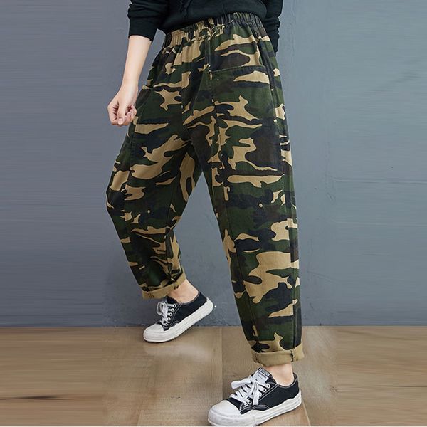 

jeans arrival 2021 spring female waist elastic meisai print loose brim all combined casual denigrate pants plus size v267, Blue