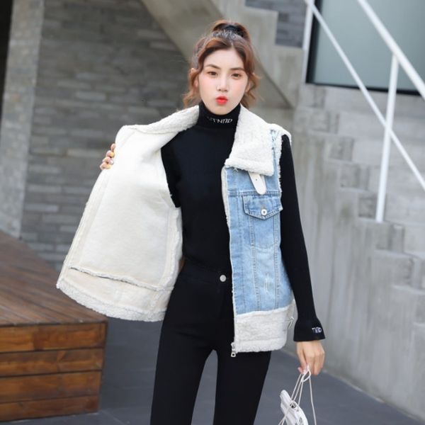 

women's vests winter warm thick skin without sleeves shredded jacket denim casual vest streetwear fur coat of fake lamb waistcoat 6kek, Black;white