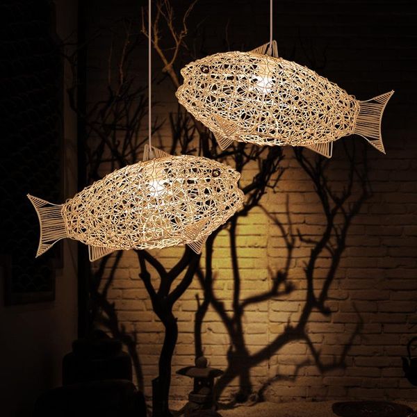 

pendant lamps rattan lamp modern simple loft restaurant personality creative hand-fish chandelier wooden