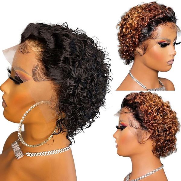 

lace wigs cexxy short curly bob blonde pixie cut wig human hair for black women ombre water wave 13x1 transparent, Black;brown