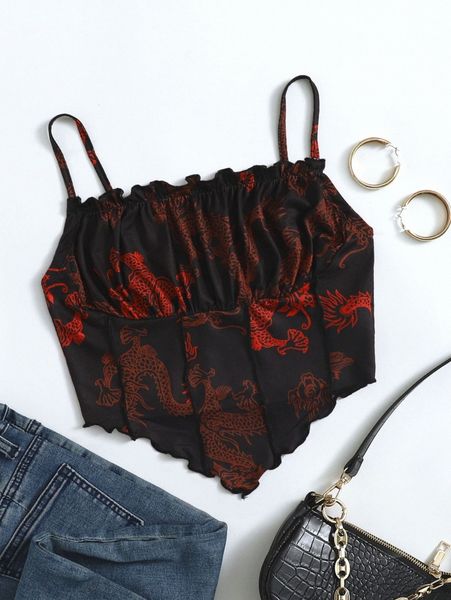 

plus ruched bust lettuce trim seam front chinese dragon print cami d3cb#, Black