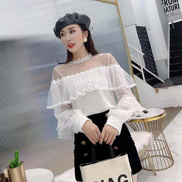 

women's blouses & shirts lace mesh perspective velour sweet style korean ulzzang fashion brand ruffles women ladies long sleeve, White