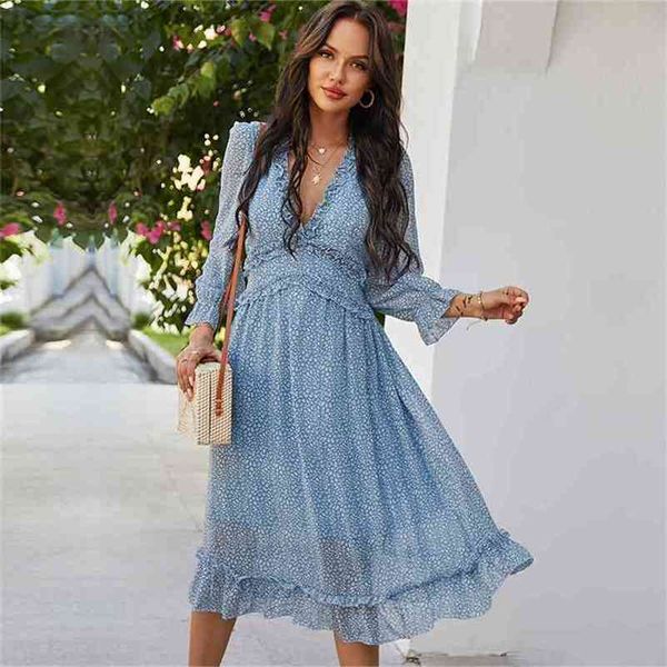 

spring v neck print dres casual butterfly sleeve high waist dress for women summer chiffon dress 210806, Black;gray