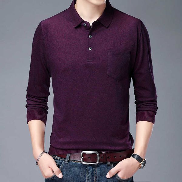 

long sleeve t-shirt autumn tencel roman fabric middle-aged and young men's lapel button solid color backing t-shirt, White;black