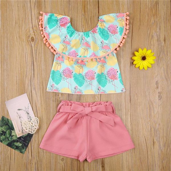 

clothing sets 2pcs toddler girl clothes summer flamingo print ruffled collar shorts for baby girls streetwear, White