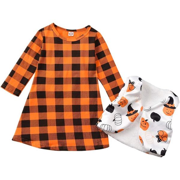 

clothing sets 1-6y fashion toddler baby girls halloween outfit plaid long sleeve dress + cartoon pumpkin waistcoat 2pcs clothes, White