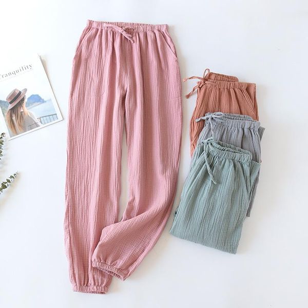 

women's sleepwear japanese-style spring and summer trousers 100% cotton crepe cloth large size color tie pants casual home, Black;red